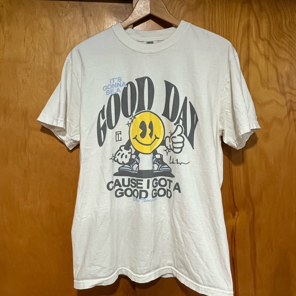 Comfort Colors White Graphic Tee with Smiley Design - Picture 2 of 5